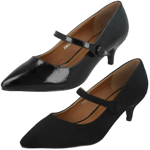F9r0023 Ladies Zapatos de Salón con Botón Detalle Tira Charol Negro O Microfibra - Imagen 1 de 18