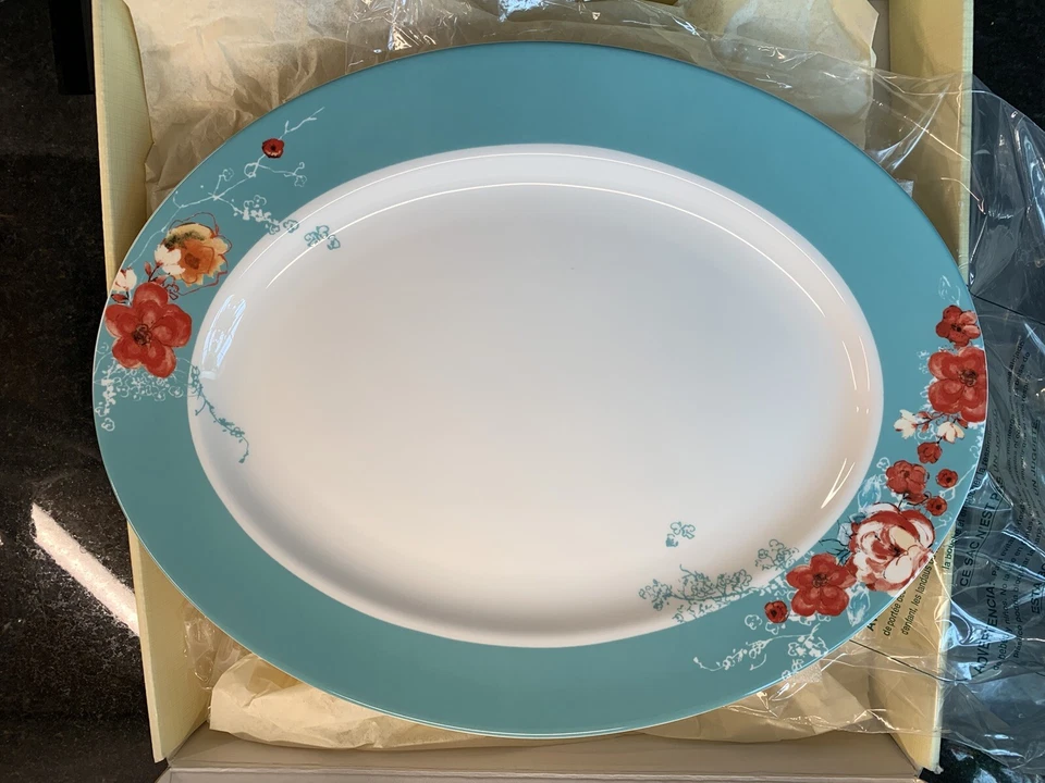 Lenox Chirp Floral Oval Serving Platter 16" Teal Stripe Bone China USA NEW RARE - Image 1 of 4