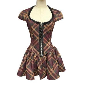 Witwe kleines burgunderrotes Mokka kariertes Haken & Ösen Korsett Minikleid Punk Goth Westwood - Bild 1 von 6