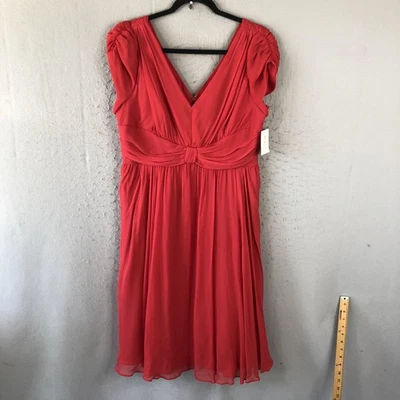 Suzi Chin Dress Womens 14 Red Tomato V Neck Ruched Chiffon Pleated Midi New - Image 1 of 4