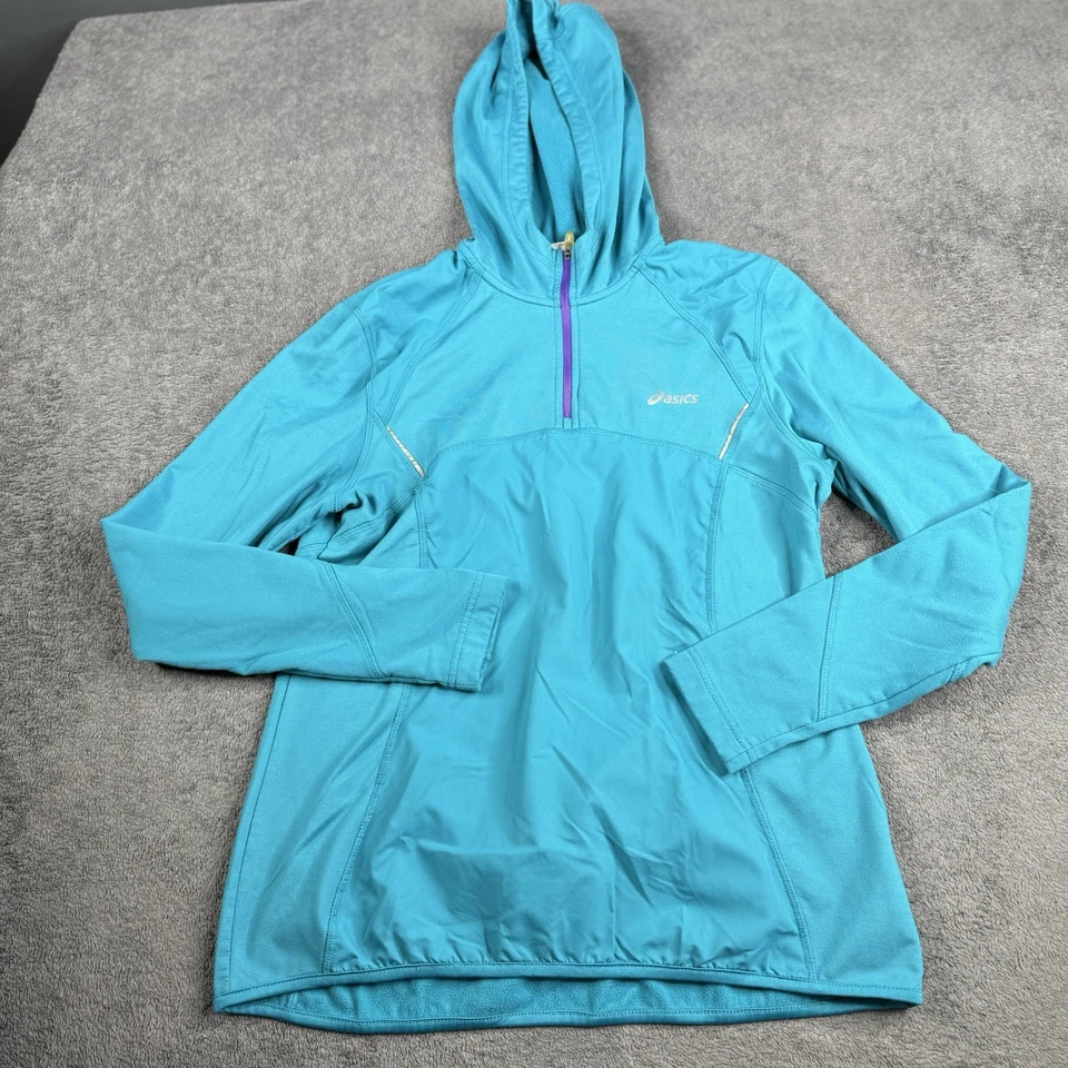 ASICS рубашка женщин большой синий 1/4 молнии работает отверстия для пальцев эластичной пуловер толстовка с капюшоном - Изображение 1 из 4