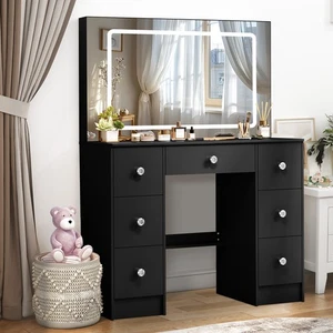 Black Makeup Vanity Desk with Mirror & 3 Color Modes Adjustable Brightness Table - Picture 1 of 8