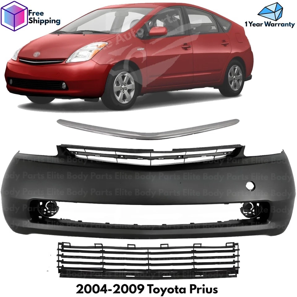 Front Bumper Cover Primed Plastic & Bumper Grille Kit For 2004-2009 Toyota Prius Foto 1 de 4