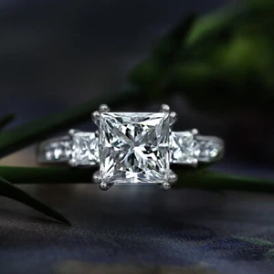 Three Stone 3 CT White Princess Cut CZ Unique Halo Engagement Ring In 925 Silver - Picture 1 of 8