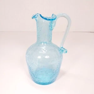 Mini jarra de vidrio artístico craquelado azul aguamarina MCM 5" de alto cuello de botella mango aplicado - Imagen 1 de 7