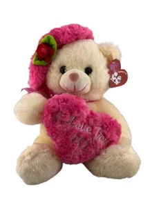 Prospect Toys Valentine Bär mit rosa Mütze und Herz, cremeweißer Bär, I LOVE YOU - Bild 1 von 9