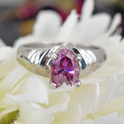 Сертифицированное кольцо с одним овальным розовым бриллиантом VVS1 1,55 карата из серебра 925 пробы - Изображение 1 из 4