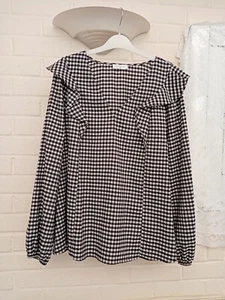 Ladies Gingham Check Blouse Size 16 BLACK + WHITE Frilled Neckline PAPYA - Picture 1 of 9