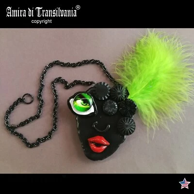 Doll Head Jewelry Necklace Pendant Minimalist Brutalist Chunky Black Womens Face - Image 1 of 4