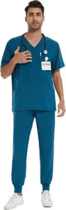 COZYFIT Men Scrubs Stretch V-Neck Scrub Top Jogger Pants Set AntiWrinkle XS Navy - Picture 1 of 7