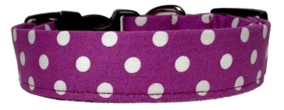Collar de perro hecho a mano ciruela púrpura y blanco lunares MM Foto 1 de 2