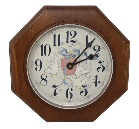 Vintage Elgin Floral Wooden Wall Clock w/ 3 Geeses Goose Farmhouse Style WORKS Cover