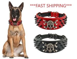 Spiked SKULL Stud Metal Dog Leather Collar Pit Bull Mastiff BLACK RED Large