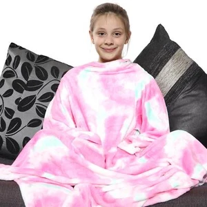 Girls Tie Dye Pink Wearable Snuggle Blanket With Sleeves Super Soft Warm Fleece - Picture 1 of 8