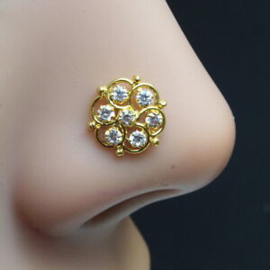 Ethnic Medusa Indian Nose ring White CZ gold plated nose stud push pin
