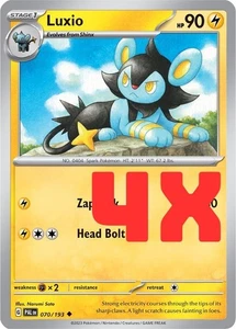 4X Juego de Cartas Coleccionables Pokémon Luxio Escarlata y Violeta Paldea Evolucionado 070/193 Regular 2023 Casi Nuevo - Imagen 1 de 1