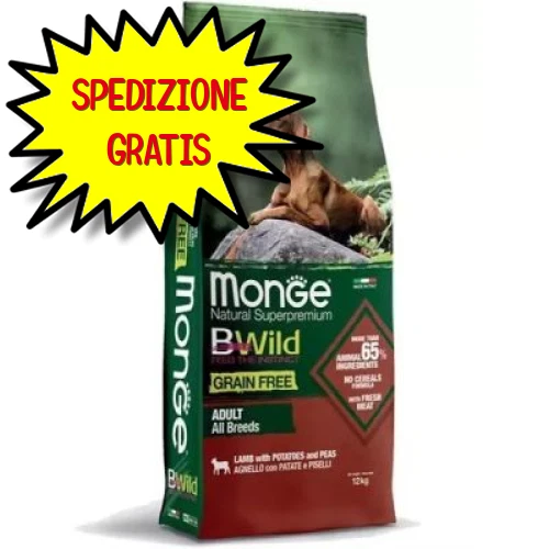 MONGE CANE CROCCHETTA BWILD GRAIN FREE ALL BREEDS ADULT AGNELLO E PATATE 12 KG - Immagine 1 di 1