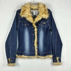 VTG Billabong Womens L Y2K Blue Denim Faux Fur Trim Cropped Trucker Jacket Coat - Picture 1 of 8