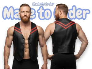Men's Real Leather Bartender Vest Cowhide Bar Waistcoat Black & Red Biker Club - Picture 1 of 10