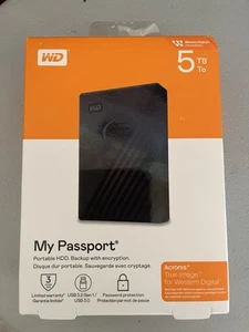 WD My Passport WDBPKJ0050BBK-WESN 5 TB Portable Hard Drive - External - Black - Afbeelding 1 van 3