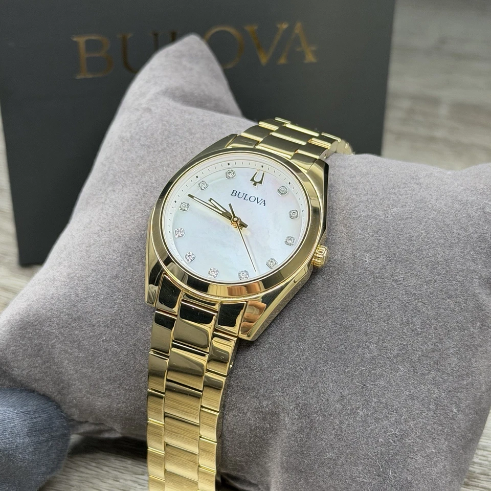 Bulova Surveyor Gold/White Dial Bracelet Women 97P172 Quartz Diamonds Watch 31mm
