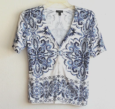 Talbots Womens Sz 0P Petite Short Sleeve Cardigan White Blue Damask Pattern - Image 1 of 4