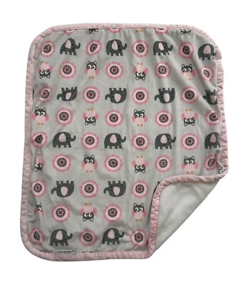 Blankets and Beyond Owl Elephant Pink Trim Gray Kids Baby Lovey Blanket - Image 1 of 4