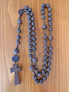Collana antica francese grande religiosa legno perline monaci rosario crocifisso c1900 - Foto 1 di 23