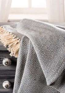 BNWT Handloom 100% Cotton Throw / Bedcover / Sofa Cover Natural / Blue Two Sizes - Picture 1 of 3