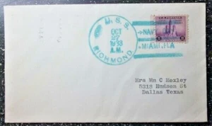 NAVAL Envelope USS RICHMOND 1933 #729 NAVY DAY CANCEL Miami FL to Dallas Texas - Picture 1 of 2