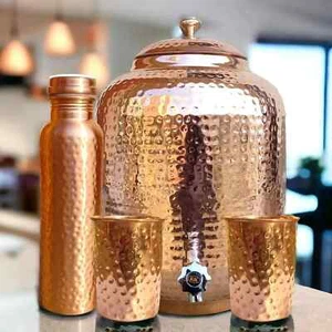 Handmade 100% Pure Copper Dispenser Water Pitcher Pot 8L With 2 Glass 1 Bottle - Picture 1 of 9