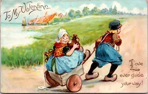 Raphael Tuck TO MY VALENTINE Dutch Kids with Wagon Postcard - Picture 1 of 2
