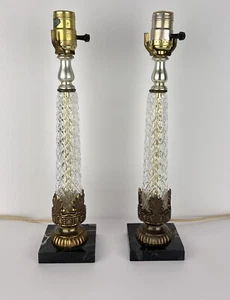 Vtg Lamp Italian Black Marble Glass Columns Neo Classical Pair 15in - Picture 1 of 17
