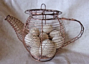 Vintage Wire Teapot Kettle Basket Lid with 12 Twine Eggs Farmhouse Rustic Decor - Picture 1 of 9