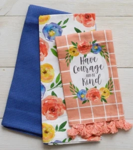 Dishtowel Set of 3 Have Courage Bee Kind Floral Kitchen Towels Blue Coral - Picture 1 of 4
