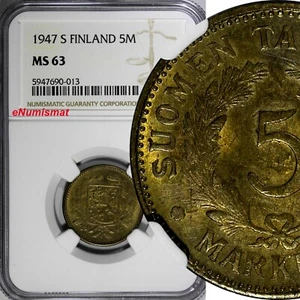 Finland Brass 1947 S 5 Markkaa NGC MS63 1 GRADED HIGHEST KM# 31a (013) - Picture 1 of 4