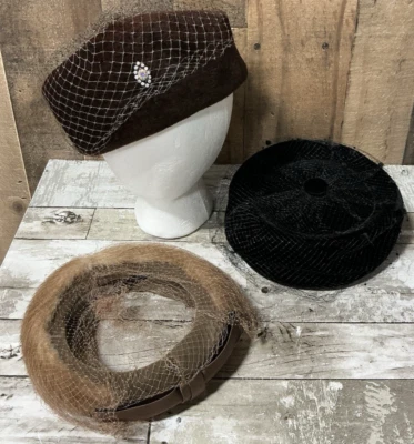 Винтажная женская черная коричневая велюровая шляпа-таблетка с сеткой середины века лот 3 - Изображение 1 из 4