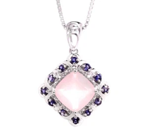 Rose Quartz, Kunzite & Tanzanite Cushion cut Pendant Sterling Silver with Chain - Picture 1 of 5