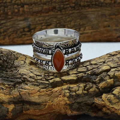 Rosso Corniola Gemma 925 Argento Sterling Spinner Mano Anello Tutte le Misure - Immagine 1 di 3