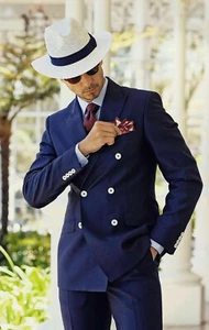 Men Blue Suits 2 Piece Office Work Casual Wedding Party Suits (Coat + Pants) - Picture 1 of 3