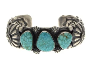 Natural Birdseye Kingman Turquoise Row Bracelet By Navajo Artist Delbert Gordon - Picture 1 of 5