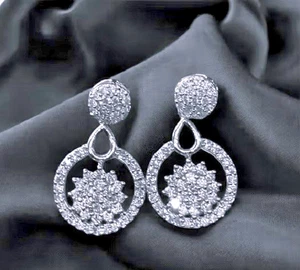 2.00CT Round Cut Diamond Lab-Created Dangle Drop Earrings 14K White Gold Plated - Picture 1 of 8