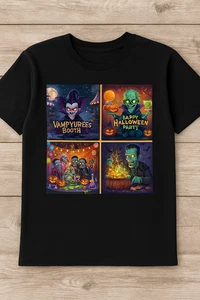 Funny Halloween Monster T-Shirt – 4-Panel Comic Style, Vampire, Frankenstein, Zo - Picture 1 of 3