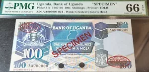 Bank of Uganda Uganda 100 Shillings 1987 Specimen PMG 66EPQ - Picture 1 of 2