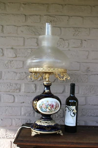 LARGE cobalt blue limoges porcelain decor table lamp glass shade - Picture 1 of 12