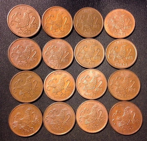 Vintage Norway Coin Lot - 2 Ore - MOOR HEN SERIES - 16 Coins - FREE SHIPPING Cover