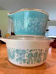Vintage Pyrex Turquoise Amish Butterprint Set Casserole Dish + Lid, 1 and 1.5 Qt - Picture 1 of 11