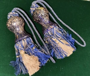 Pair Vintage Murano Glass Navy and Gold Tassels Tiebacks Pullback Drawer Pulls - Picture 1 of 5