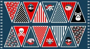 Boys Pirate Skulls Bunting 100% Cotton Quilting Panel Fabric - Picture 1 of 1