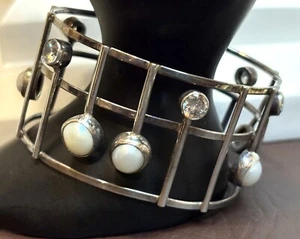 Gorgeous MODERNIST Sterling Silver Rock Crystal Quartz PEARL Open Cuff Bracelet - Picture 1 of 11